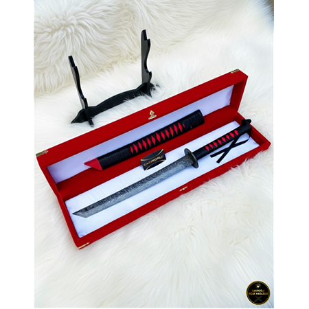 EL YAPIMI ÜST DÜZEY VİP ÖZEL ÜRETİM KUTULU DAMASCUS ÇELİK DERİ KIN’LI 60 CM KATANA KOD:CKR587-09