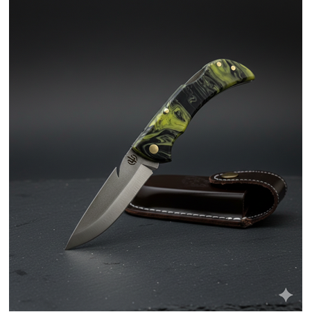 El Yapımı Yerli Üretim Epoksi Kehribar Kabzeli ve Sırttan Kilitli Küçük Boy Av Kamp Çakısı Ckr715-09