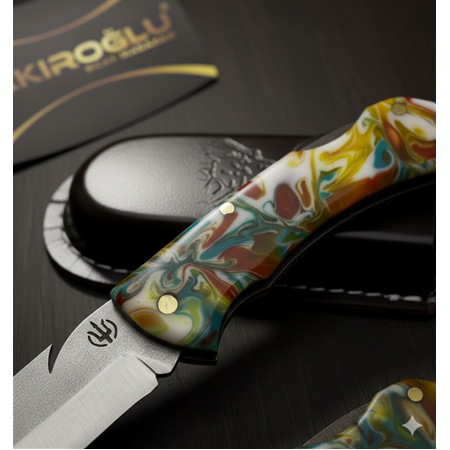 El Yapımı Yerli Üretim Epoksi Kehribar Kabzeli ve Sırttan Kilitli Küçük Boy Av Kamp Çakısı Ckr715-10