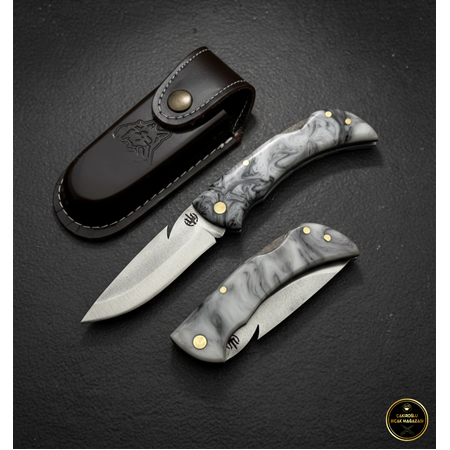 El Yapımı Yerli Üretim Epoksi Kehribar Kabzeli ve Sırttan Kilitli Küçük Boy Av Kamp Çakısı Ckr715-12