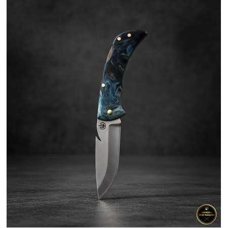 El Yapımı Yerli Üretim Epoksi Kehribar Kabzeli ve Sırttan Kilitli Küçük Boy Av Kamp Çakısı Ckr715-11