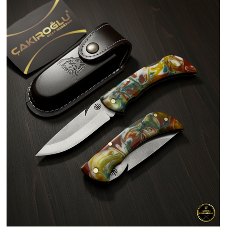 El Yapımı Yerli Üretim Epoksi Kehribar Kabzeli ve Sırttan Kilitli Küçük Boy Av Kamp Çakısı Ckr715-10