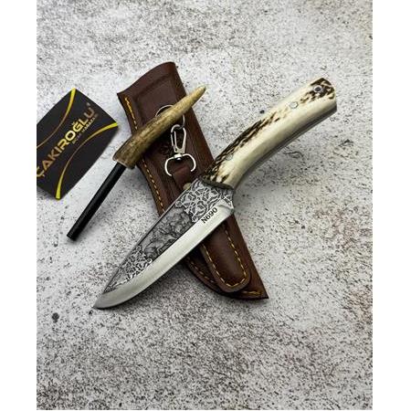 EL YAPIMI ÖZEL ÜRETİM N690 BÖHLER ÇELİK GRAVÜR İŞLEMELİ GEYİK BOYNUZU MAGNEZYUM ÇUBUKLU KAMP BIÇAĞI