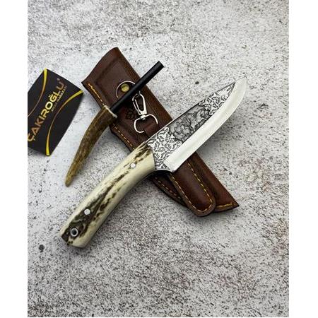 EL YAPIMI ÖZEL ÜRETİM N690 BÖHLER ÇELİK GRAVÜR İŞLEMELİ GEYİK BOYNUZU MAGNEZYUM ÇUBUKLU KAMP BIÇAĞI
