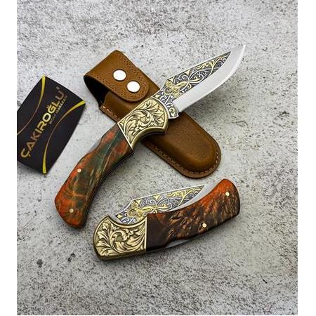 EL YAPIMI VİP ÖZEL ÜRETİM GRAVÜR ÜZERİ 24 AYAR ALTIN İŞLEMELİ N690 BÖHLER KAMP ÇAKISI KOD:CKR819-04