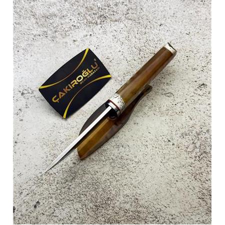 EL YAPIMI YERLİ ÜRETİM N690 BÖHLER KEMİK (BOYNUZ) KABZELİ VE ÖZEL STANDLI AV KAMP BIÇAĞI KOD:CKR820