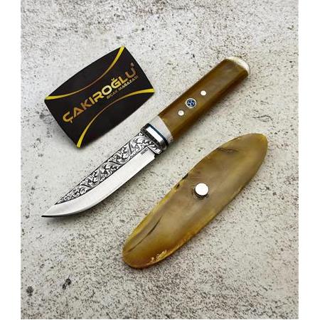 EL YAPIMI YERLİ ÜRETİM GRAVÜRLÜ N690 BÖHLER KEMİK (BOYNUZ) KABZELİ STANDLI KAMP BIÇAĞI KOD:CKR820-02