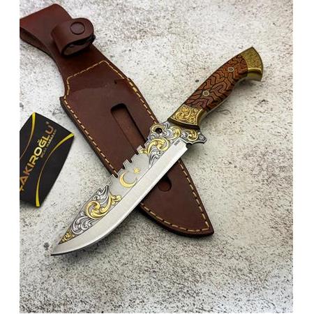 EL YAPIMI YERLİ ÖZEL ÜRETİM N690 BÖHLER ÇELİK 24 AYAR ALTIN İŞLEMELİ AV KAMP BIÇAĞI KOD:CKR615-04