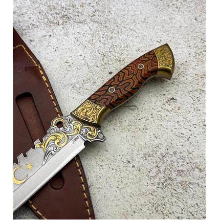 EL YAPIMI YERLİ ÖZEL ÜRETİM N690 BÖHLER ÇELİK 24 AYAR ALTIN İŞLEMELİ AV KAMP BIÇAĞI KOD:CKR615-04