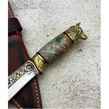 EL YAPIMI ÖZEL ÜRETİM N690 BÖHLER ÇELİK 24 AYAR ALTIN İŞLEMELİ KURT BAŞLI AV BIÇAĞI KOD:CKR821