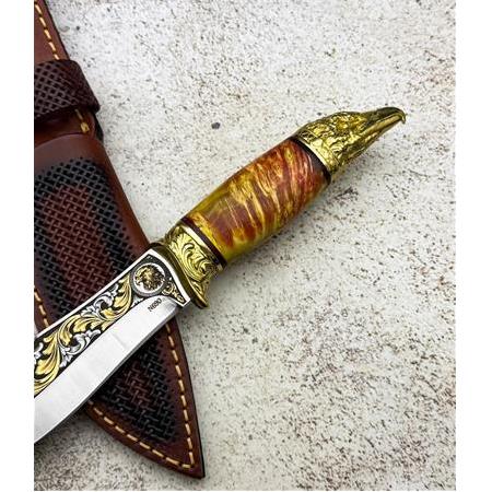 EL YAPIMI ÖZEL ÜRETİM N690 BÖHLER ÇELİK 24 AYAR ALTIN İŞLEMELİ KARTAL BAŞLI AV BIÇAĞI KOD:CKR821-02