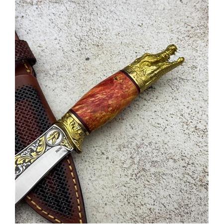 EL YAPIMI ÖZEL ÜRETİM N690 BÖHLER ÇELİK 24 AYAR ALTIN İŞLEMELİ TİMSAH BAŞLI AV BIÇAĞI KOD:CKR821-03
