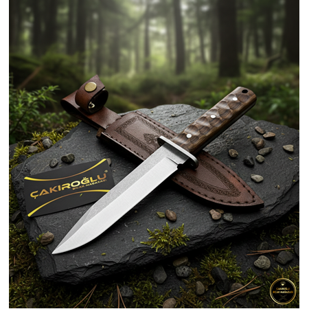 El Yapımı Yerli Üretim İşlemeli Kök Ceviz Kabze, Deri Kılıflı Kasatura Av Kamp Bıçağı
