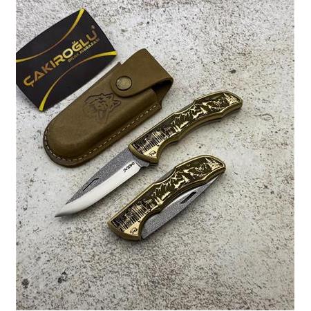 EL YAPIMI ÖZEL N690 BÖHLER ÇELİK, MANZARA GRAVÜRLÜ PİRİNÇ KABZE KÜÇÜK BOY AV KAMP ÇAKISI KOD:0850/54