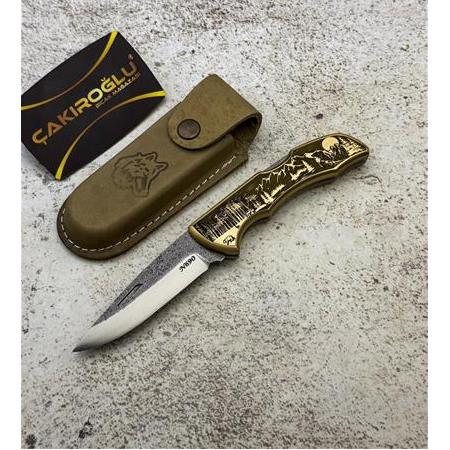 EL YAPIMI ÖZEL N690 BÖHLER ÇELİK, MANZARA GRAVÜRLÜ PİRİNÇ KABZE ORTA BOY AV KAMP ÇAKISI KOD:0850/55