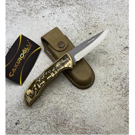 EL YAPIMI ÖZEL N690 BÖHLER ÇELİK, MANZARA GRAVÜRLÜ PİRİNÇ KABZE ORTA BOY AV KAMP ÇAKISI KOD:0850/55