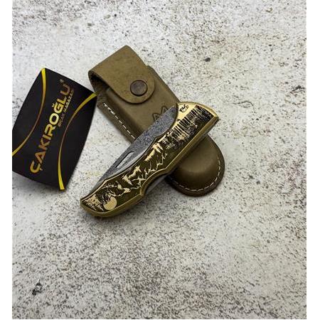 EL YAPIMI ÖZEL N690 BÖHLER ÇELİK, MANZARA GRAVÜRLÜ PİRİNÇ KABZE ORTA BOY AV KAMP ÇAKISI KOD:0850/55