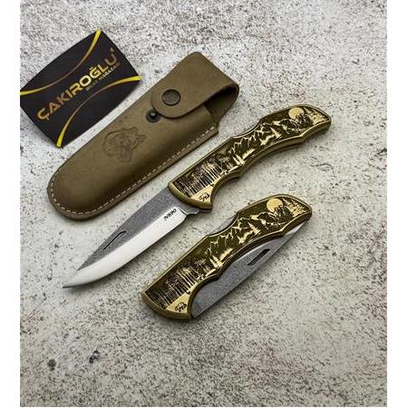 EL YAPIMI ÖZEL N690 BÖHLER ÇELİK, MANZARA GRAVÜRLÜ PİRİNÇ KABZE BÜYÜK BOY AV KAMP ÇAKISI KOD:0850/56