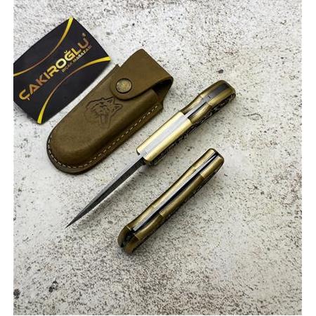 EL YAPIMI ÖZEL DAMASCUS ÇELİK, MANZARA GRAVÜRLÜ PİRİNÇ KABZE KÜÇÜK BOY AV KAMP ÇAKISI KOD:0850/57