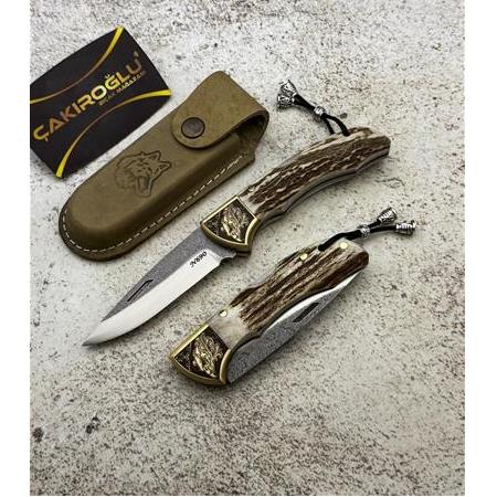 EL YAPIMI N690 BÖHLER ÇELİK GRAVÜRLÜ GEYİK BOYNUZU KABZELİ ORTA BOY AV KAMP ÇAKISI KOD:0850/44