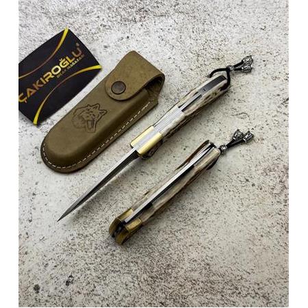 EL YAPIMI N690 BÖHLER ÇELİK GRAVÜRLÜ GEYİK BOYNUZU KABZELİ ORTA BOY AV KAMP ÇAKISI KOD:0850/44