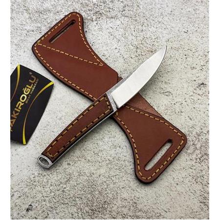 EL YAPIMI SIRADIŞI TAMAMEN ÖZEL ÜRETİM N690 BÖHLER DERİ KABZE VE DERİ KILIFLI KAMP BIÇAĞI KOD:CKR825