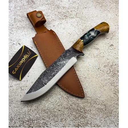 EL YAPIMI YERLİ ÜRETİM EPOKSİ HİBRİT KABZELİ ÖZEL DERİ KILIFLI AVCI AV KAMP BIÇAĞI KOD:CKR417-03