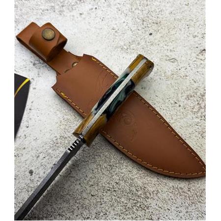 EL YAPIMI YERLİ ÜRETİM EPOKSİ HİBRİT KABZELİ ÖZEL DERİ KILIFLI AVCI AV KAMP BIÇAĞI KOD:CKR417-03