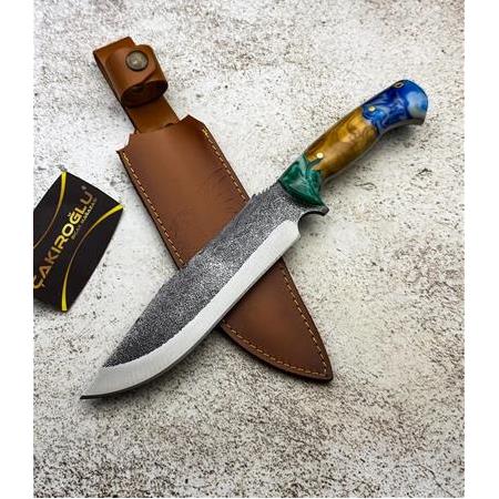 EL YAPIMI YERLİ ÜRETİM EPOKSİ HİBRİT KABZELİ ÖZEL DERİ KILIFLI AVCI AV KAMP BIÇAĞI KOD:CKR417-04