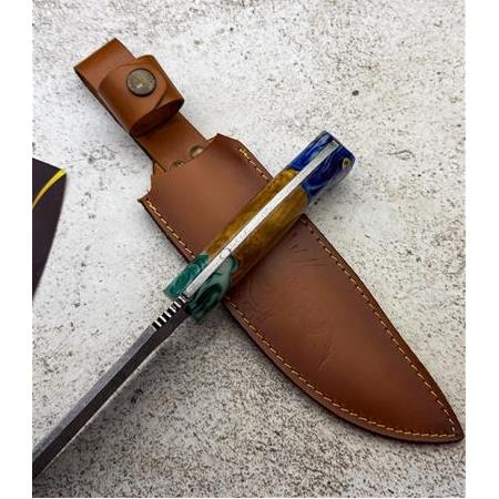 EL YAPIMI YERLİ ÜRETİM EPOKSİ HİBRİT KABZELİ ÖZEL DERİ KILIFLI AVCI AV KAMP BIÇAĞI KOD:CKR417-04