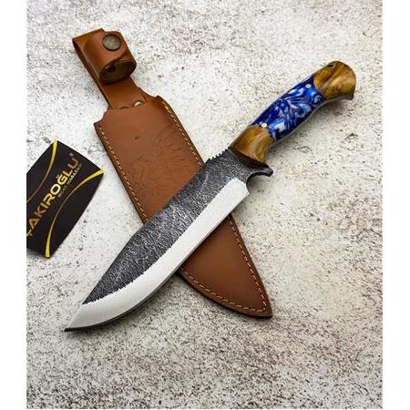 EL YAPIMI YERLİ ÜRETİM EPOKSİ HİBRİT KABZELİ ÖZEL DERİ KILIFLI AVCI AV KAMP BIÇAĞI KOD:CKR417-05