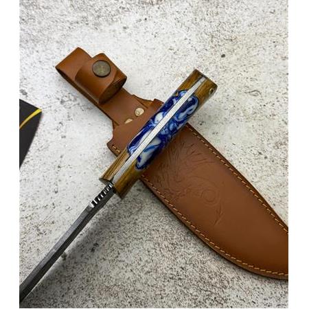 EL YAPIMI YERLİ ÜRETİM EPOKSİ HİBRİT KABZELİ ÖZEL DERİ KILIFLI AVCI AV KAMP BIÇAĞI KOD:CKR417-05