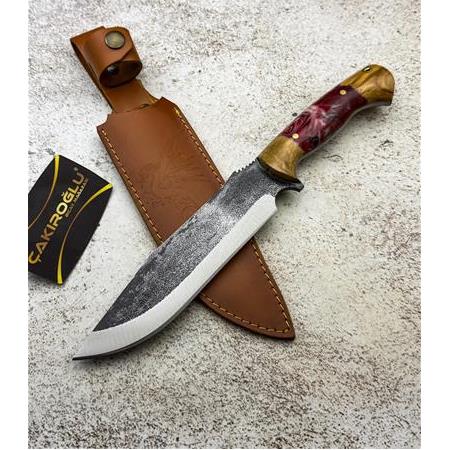 EL YAPIMI YERLİ ÜRETİM EPOKSİ HİBRİT KABZELİ ÖZEL DERİ KILIFLI AVCI AV KAMP BIÇAĞI KOD:CKR417-06