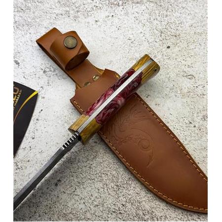 EL YAPIMI YERLİ ÜRETİM EPOKSİ HİBRİT KABZELİ ÖZEL DERİ KILIFLI AVCI AV KAMP BIÇAĞI KOD:CKR417-06