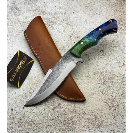 EL YAPIMI YERLİ ÜRETİM DÖVME ÇELİK EPOKSİ KEHRİBAR KABZELİ AVCI AV KAMP BIÇAĞI KOD:CKR634-08