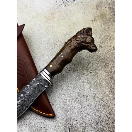 EL YAPIMI DAMASCUS (ŞAM) ÇELİĞİNDEN ÖZEL ÜRETİM KURT BAŞLI KÜÇÜK BOY AVCI AV KAMP BIÇAĞI KOD:0995-07