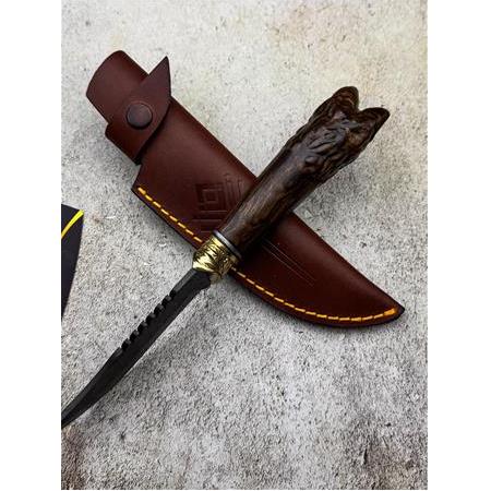 EL YAPIMI DAMASCUS (ŞAM) ÇELİĞİNDEN ÖZEL ÜRETİM KURT BAŞLI KÜÇÜK BOY AVCI AV KAMP BIÇAĞI KOD:0995-09
