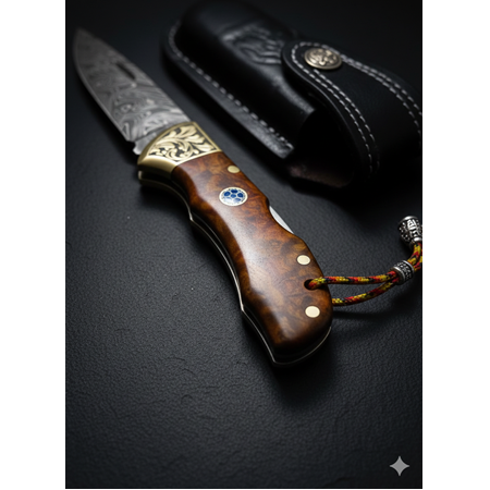 EL YAPIMI ÜST DÜZEY ÖZEL DAMASCUS ÇELİK GRAVÜR ÖNLÜKLÜ KİLİT MEKANİZMALI AV KAMP ÇAKISI KOD:0850/37