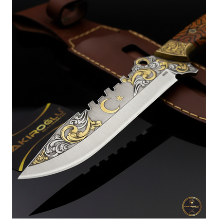 EL YAPIMI YERLİ ÖZEL ÜRETİM N690 BÖHLER ÇELİK 24 AYAR ALTIN İŞLEMELİ AV KAMP BIÇAĞI KOD:CKR615-04