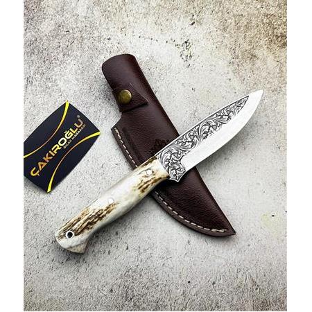 EL YAPIMI YERLİ ÜRETİM ÖZEL GRAVÜR İŞLEMELİ GEYİK BOYNUZU KABZELİ BUSHCRAFT AV KAMP BIÇAĞI