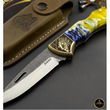 El Yapımı Yerli Üretim N690 Böhler Çelik Epoksi Kehribar Kabzeli Orta Boy Av Kamp Çakısı 0850/66