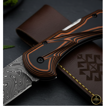 El Yapımı Yerli Üretim Damascus Çelik G10 Kabzeli ve Sırttan Kilit Mekanizmalı Av Kamp Çakısı Ckr847