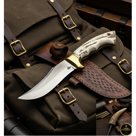 El Yapımı Yerli Üretim N690 Böhler Çelik Geyik Boynuzu Kabzeli ve Magnezyum Çubuklu Av Kamp Bıçağı