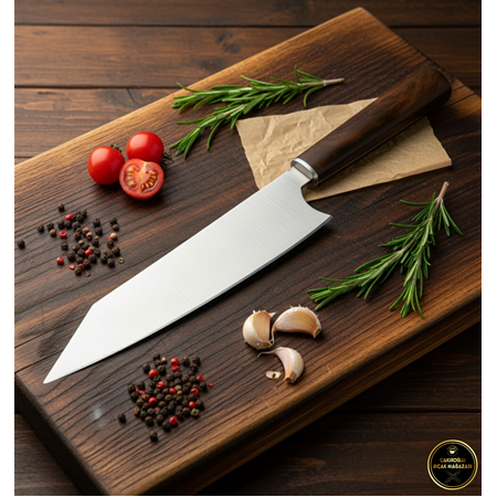 El Yapımı Yerli Üretim Kök Ceviz Kabzeli Büyük Boy Şef Aşçı Bıçağı