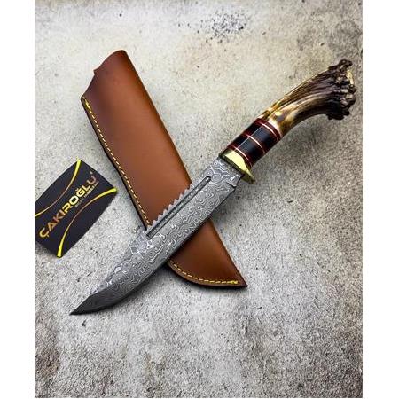 EL YAPIMI ÖZEL ÜRETİM DAMASCUS ÇELİK KÖK GEYİK BOYNUZU KABZELİ KASATURA KAMP BIÇAĞI KOD:CKR3019-05