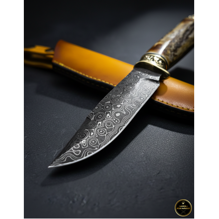 EL YAPIMI VİP ÖZEL ÜRETİM DAMASCUS ÇELİK KARTAL BAŞLI GEYİK BOYNUZU KABZELİ AVCI AV KAMP BIÇAĞI