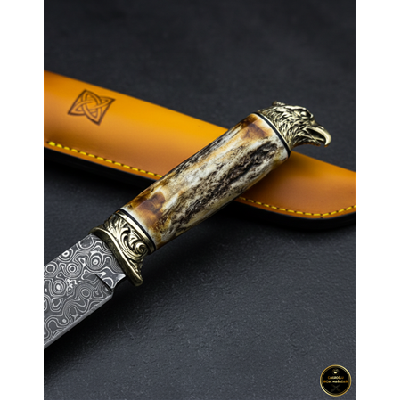 EL YAPIMI VİP ÖZEL ÜRETİM DAMASCUS ÇELİK KARTAL BAŞLI GEYİK BOYNUZU KABZELİ AVCI AV KAMP BIÇAĞI