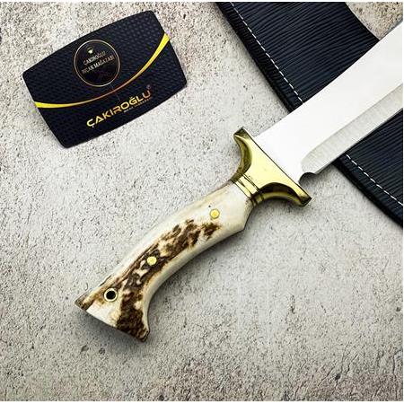 EL YAPIMI GEYİK BOYNUZU KABZELİ PİRİNÇ BALÇAKLI ABBAS MODEL SALLAMA PALA KAMP BIÇAĞI KOD:CKR504-02