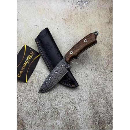 EL YAPIMI TAMAMEN ÖZEL ÜRETİM MİNYATÜR DAMASCUS ÇELİK VE KÖK CEVİZ KABZELİ AV KAMP BIÇAĞI KOD:CKR684