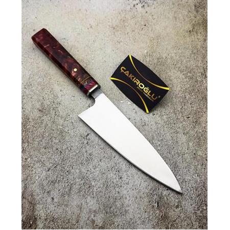 EL YAPIMI YERLİ ÜRETİM N690 BÖHLER ÇELİK EPOKSİ KEHRİBAR KABZELİ PROFESYONEL ŞEF BIÇAĞI KOD:CKR655
